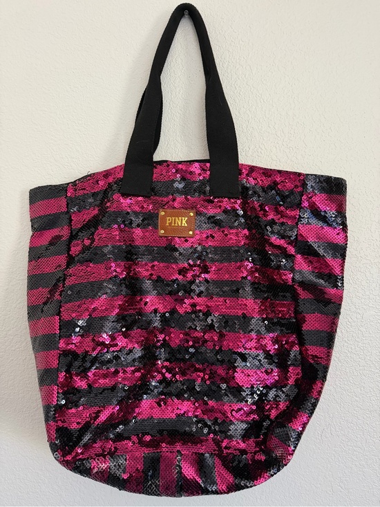 PINK Victoria's Secret Handbags - PINK Victoria's Secret Hot Pink and Black Sequin Stripe Tote